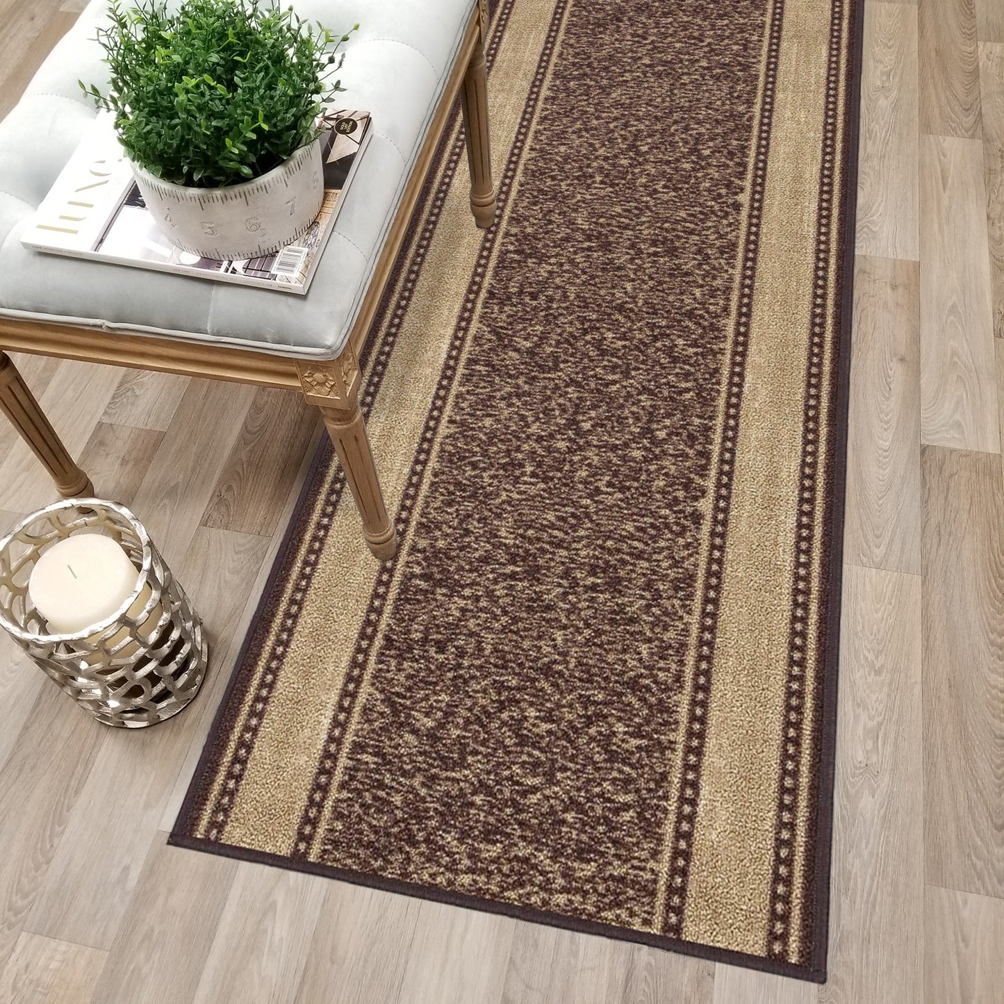 Contemporary Bordered Brown Beige Custom Size Carpet Runner Rug