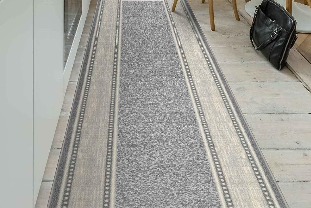 Contemporary Bordered Grey Ivory Custom Size Carpet Runner Rug