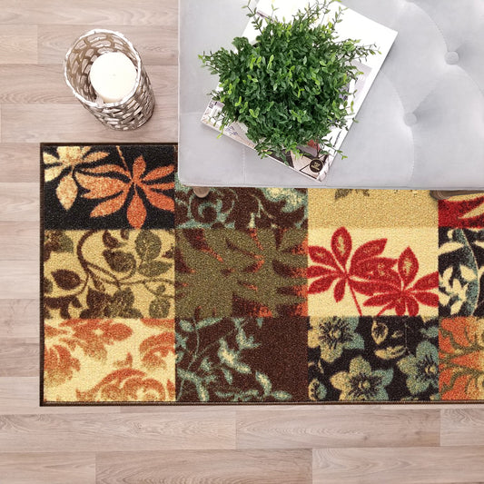 Contemporary Floral Brown Multicolor Boxes Custom Size Carpet Runner Rug