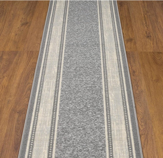 Contemporary Bordered Grey Ivory Custom Size Carpet Runner Rug