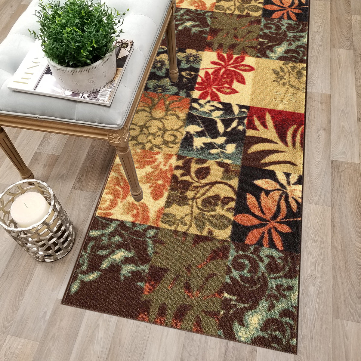 Contemporary Floral Brown Multicolor Boxes Custom Size Carpet Runner Rug